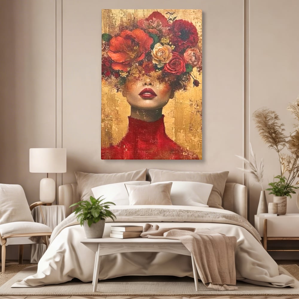 Tablou canvas cu tablou canvas cu portret de femeie si flori, fara rama, pe sasiu de lemn, pe perete intr-un dormitor
